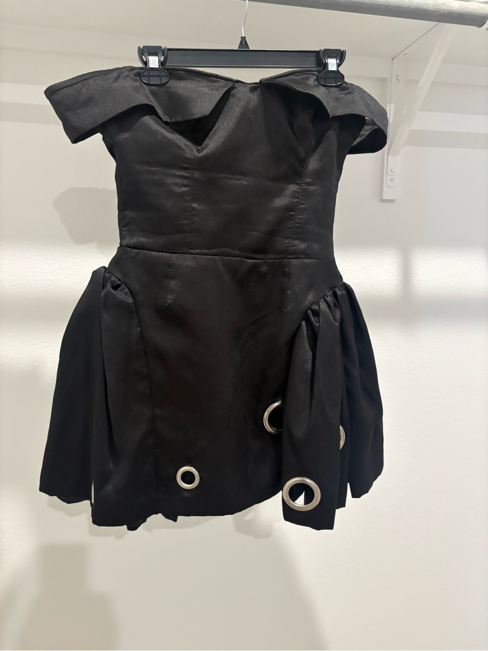Off-Shoulder Black Mini Dress with Grommet Details